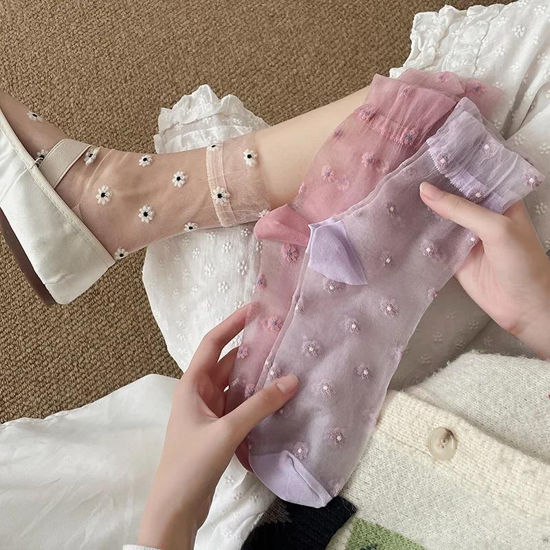 Flower Embroidery Women's Socks Summer Ultra-thin Transparent Crystal Silk Socks Women Japanese Breathable Medium Tube Socks Sox