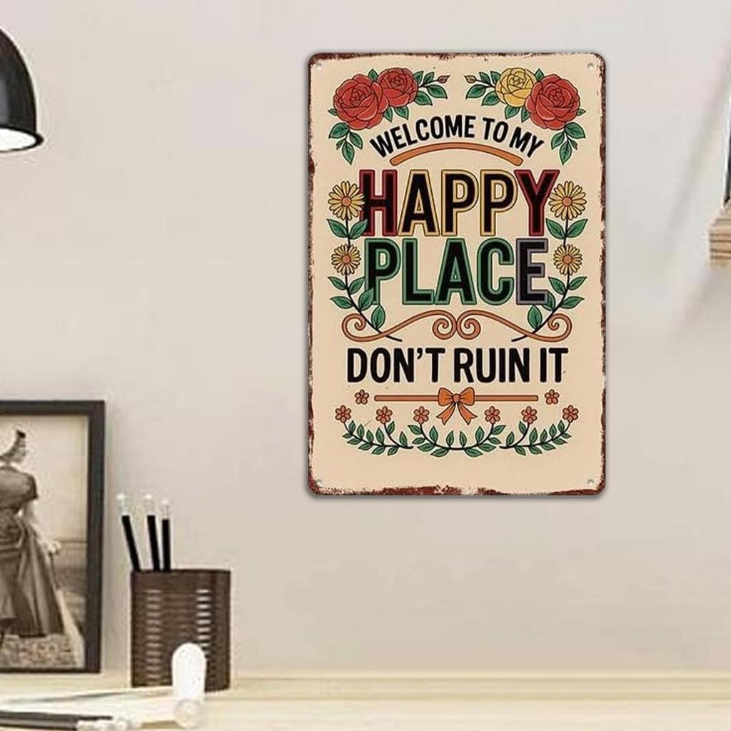 Happy Place Sign Vintage Floral Home Decoration Wall Metal Welcome Poster For Indoor Outdoor Bedroom Corridors Courtyards