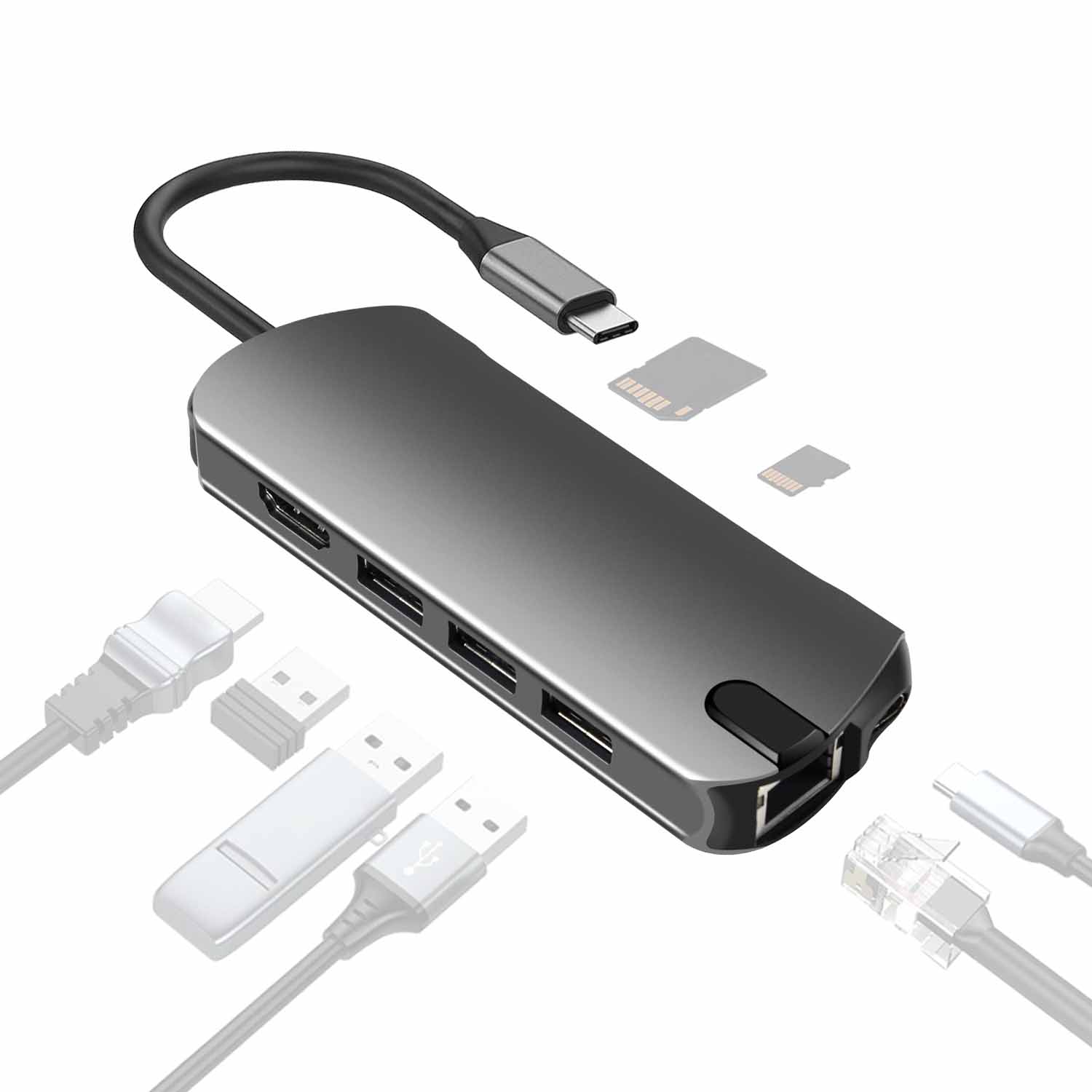 

FX-1916 Type-C HUB 8 в 1 Адаптер USB-C з 4K@60Hz HDMI/100W PD Порт USB C/USB 3.0/RJ45 Ethernet/Пристрій для читання карт SD/TF Док-станція As Shown A