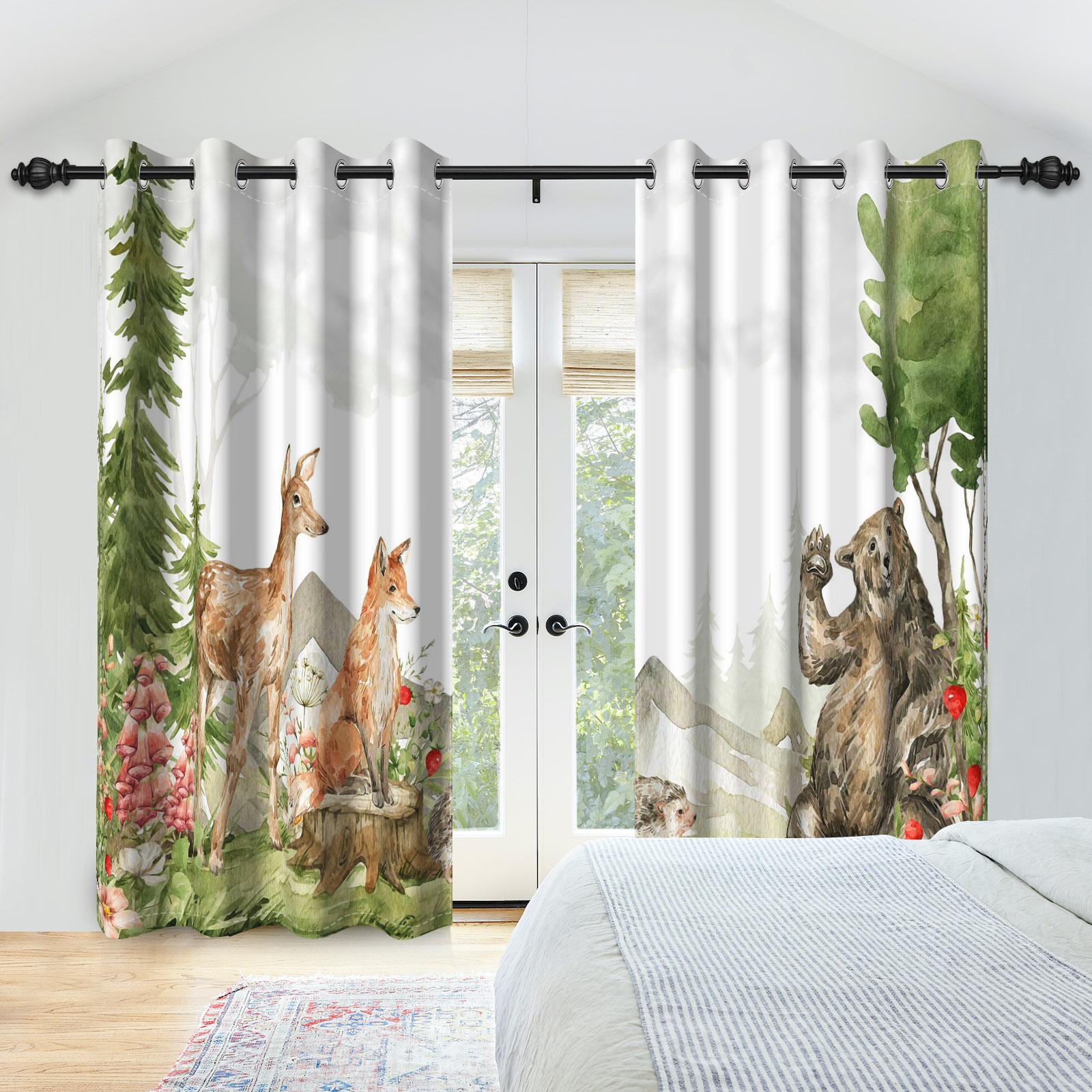 

2pc Forest Animals heat Insulation Curtain Jungle Trees Plant Wildlife Bird Bear Fox Deer Living Room Bedroom Blackout Curtains 53x115cm 2pcs