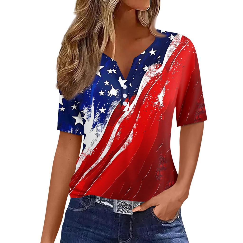 Women's T Shirt Independence Day Print Button Short Sleeve Daily Weekend Fashion Basic V- Neck Regular Top