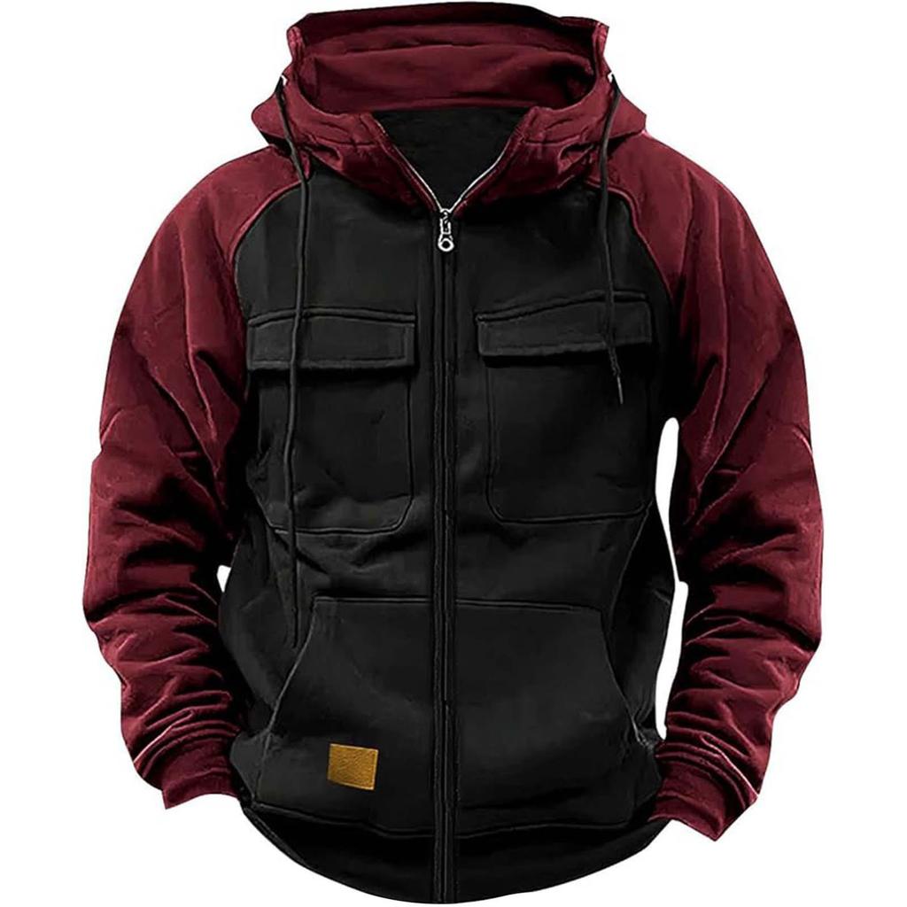 Men's Hooded Multi-Pocket Patchwork Sweatshirt - European & American Style, Spring/Autumn, Solid Color, Youth Sport Workwear