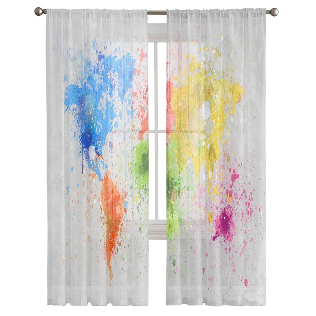 Earth Splash Ink Watercolor Tulle Curtains Balcony Room Fashion Printed Sheer Curtain Living Room Window Modern Decor