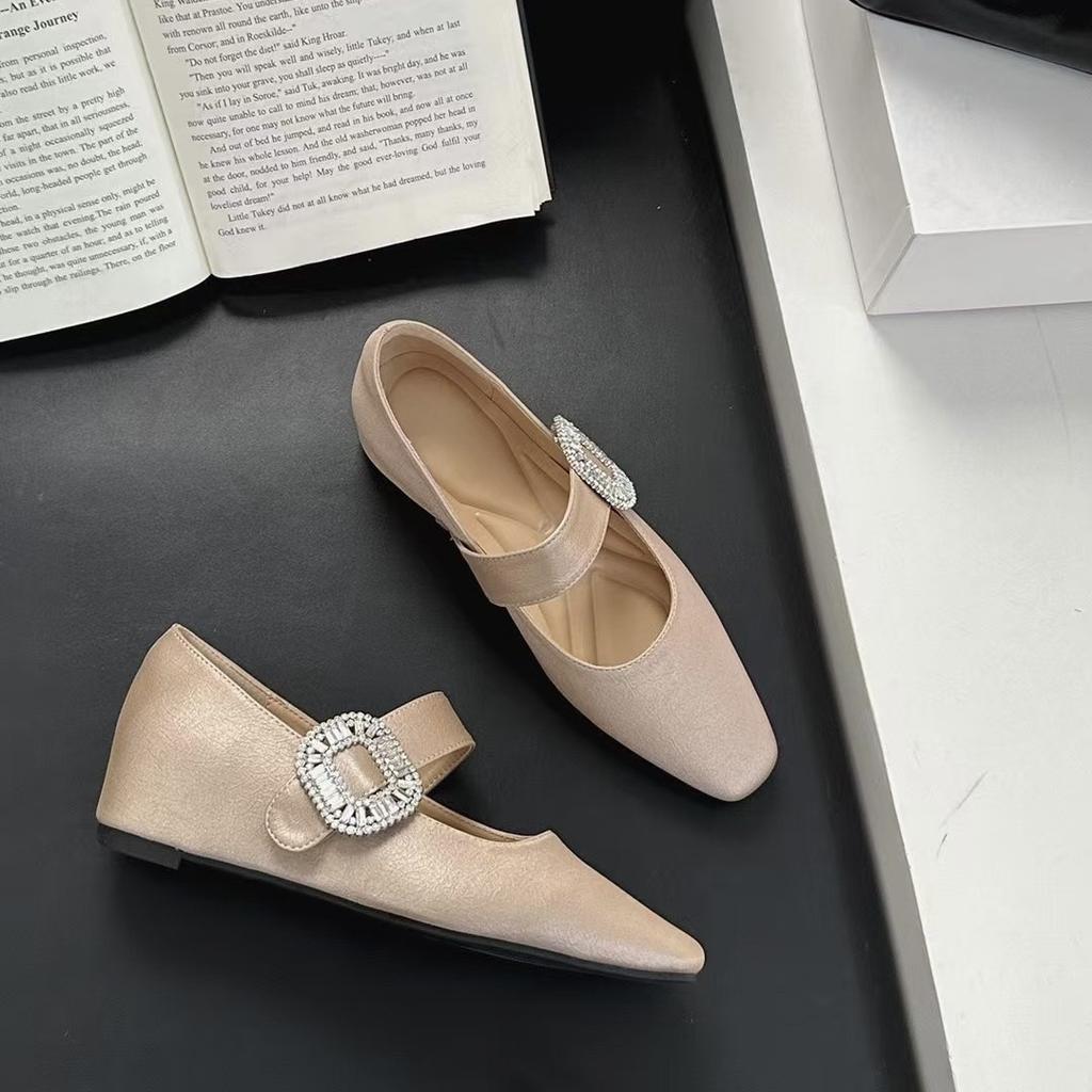 Flat Single Shoes Women's New Suede Square Head Rhinestone One-word Buckle Mary Jane Shoes Thick Heel Versatile