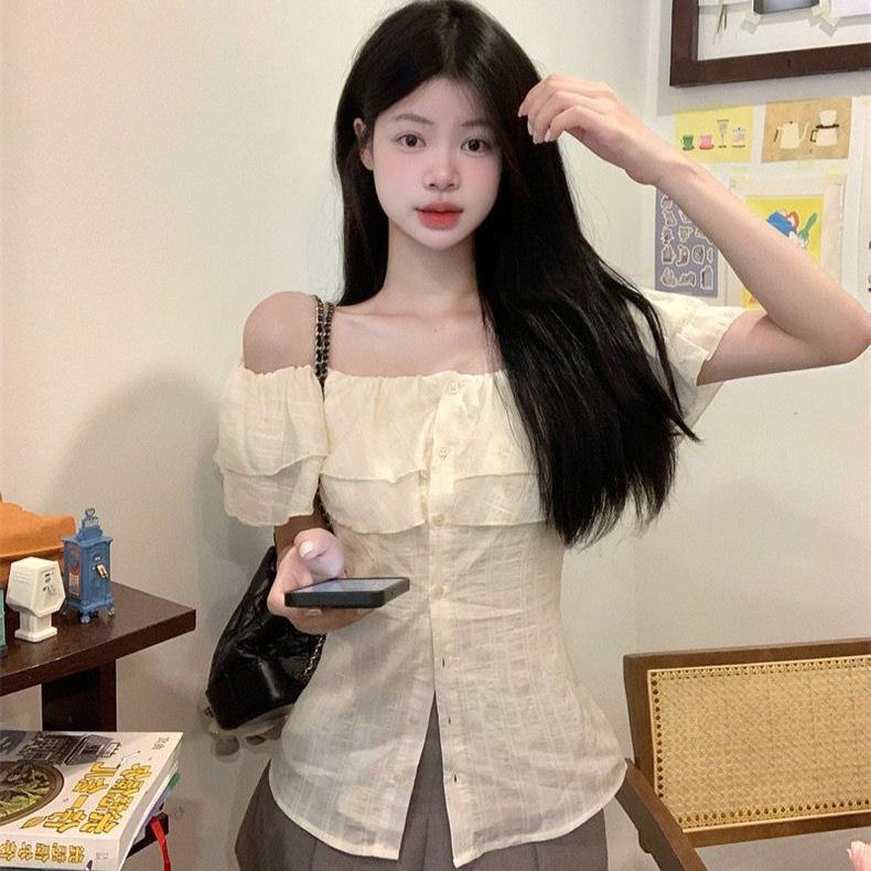 Summer New Pure Desire Wind Off-the-shoulder Ruffle Edge Short-sleeved Shirt Women's Design Feeling Waist and Thin Versatile Top