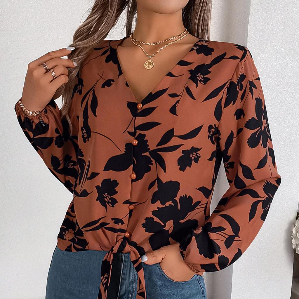 Women Spring Autumn Temperament Print V-Neck Long Sleeve Shirt Blouses