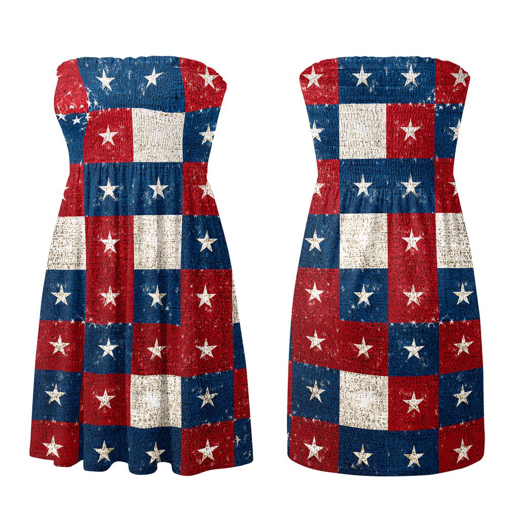 Women’s Strapless Casual Dress Sleeveless Tube Top Sundress with Firework and Star Pattern for Summer Holiday Beach Wear