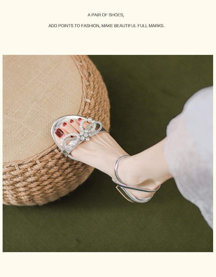 2024 Silver Glitter Chunky Heel Sandals with Bow and Pearl Strap - Women's High-End Rhinestone Shoes