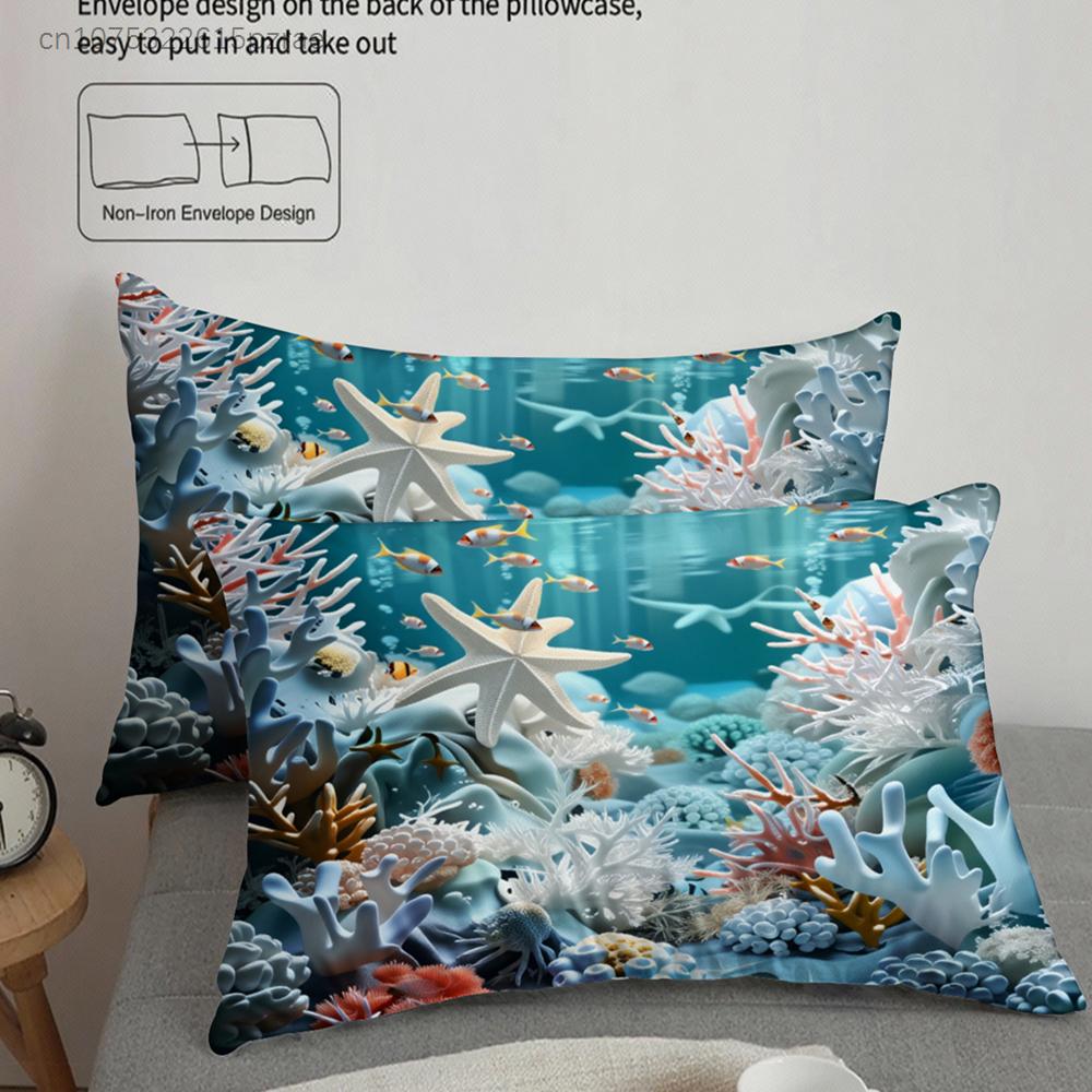 Ocean Coral Reef Bedding Set Blue Sea Life Print Bedding With Duvet Cover & Pillowcases For Bedroom