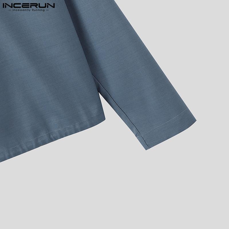 INCERUN Men Stand Neck Long Sleeve Solid Color Casual Loose Shirts Tops