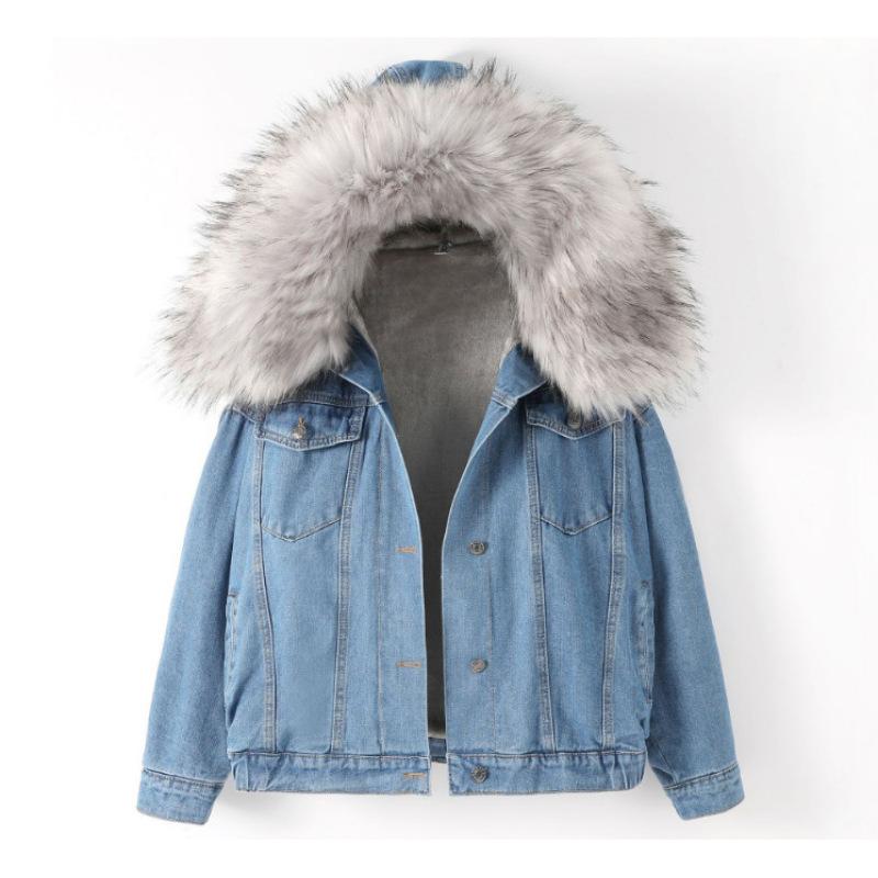 Women's Cozy Padded Denim Jacket - Casual Button Down With Fur Collar