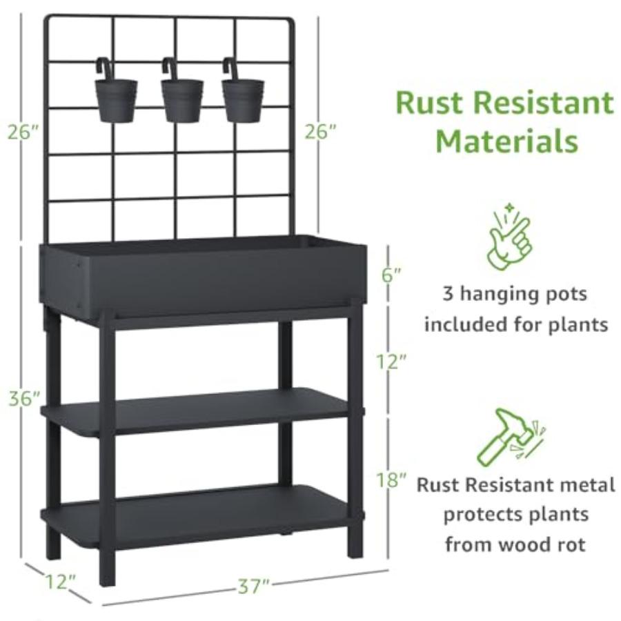 Metal Raised Garden Bed with Trellis 2-Tier Storage Shelf Elevated Planter Box with Legs - Includes 3 Flower Pots Outdoor Verti