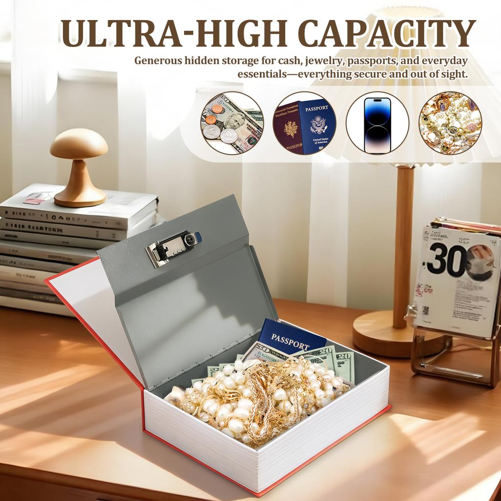 Large Decorative Book Safe with Combination Lock 10.43" × 7.87" × 2.56" Hidden Storage Diversion Box for Cash Phone Passport