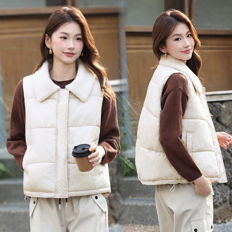 Xiaoxiangfeng lamb wool lapel down cotton vest women's short winter new fashion cotton vest thin vest
