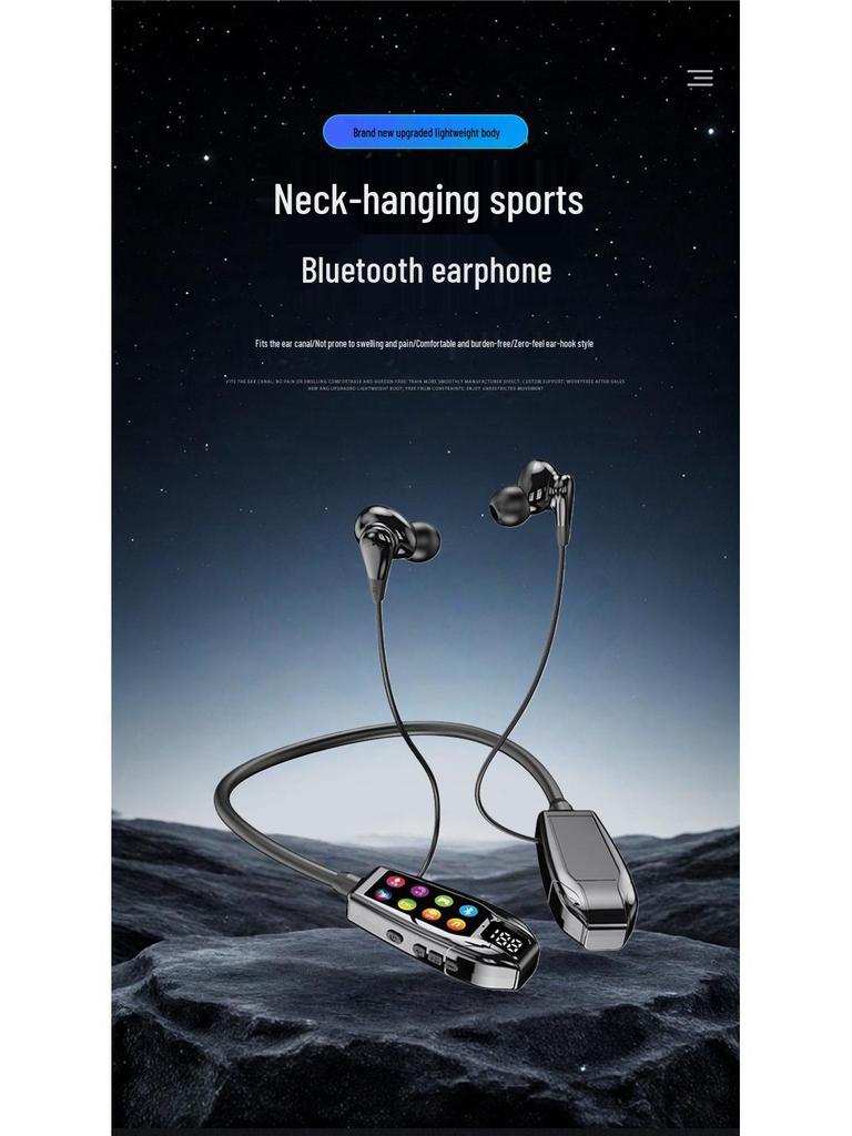 Trendy Neck-Hanging Bluetooth Headphones with High-Quality Sound, Digital Display, Karaoke Feature, and Long Battery Life.