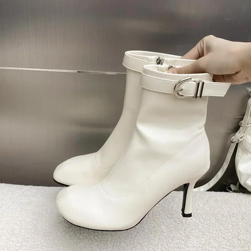 Luxury Soft Leather Side Zip Design Ankle Boots Womens Sexy Belt Buckle Round Toe Botines Thin Heels Modern Boots Botas Mujer