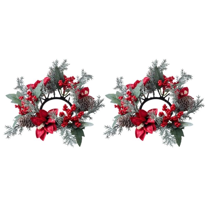 Door Wall Window Christmas Ornament Artificial Pinecone Candlestick Wreaths with Red Berries & Leaf Table Centerpiece