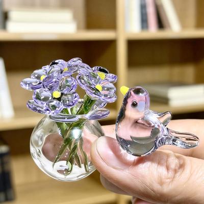 Cute Mini Faux Crystal Flower Figurine Hand Blown Glass Bouquet Collectible Small Flower Vase Ornament with Bee/Bird for Home Office Tabletop Decor