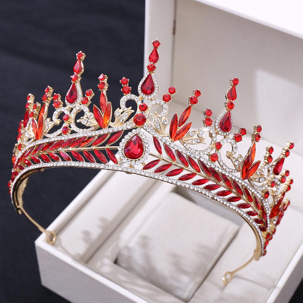Neues Hochzeitsstirnband, luxuriöse kristallbesetzte rote Barock-Brautkrone, Haarschmuck-Krone