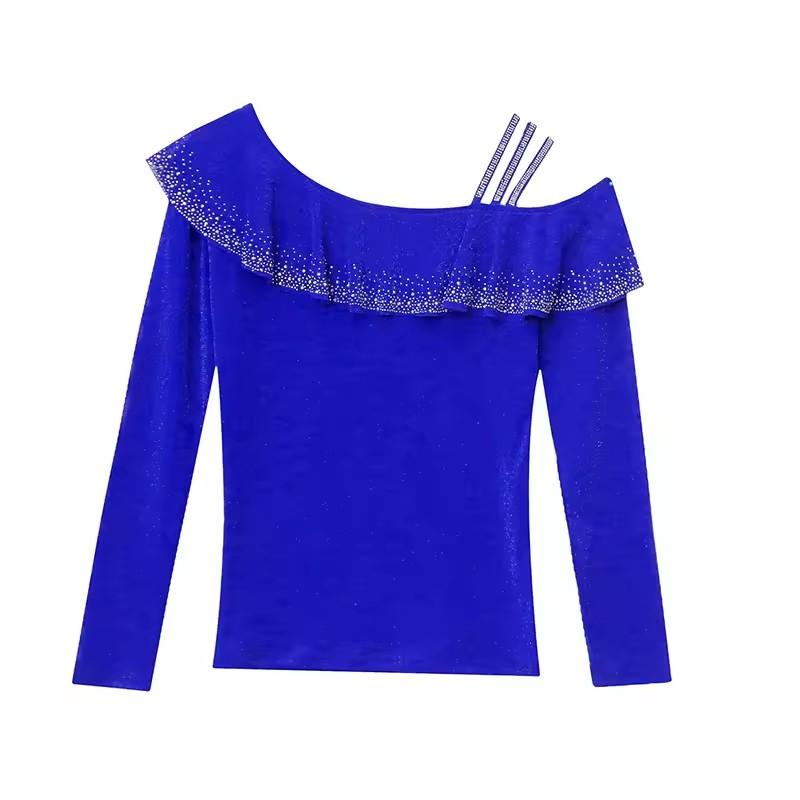 Spring Autumn Streetwear Spring Sexy Off Shoulder Women's T-Shirt Elegant Slim Design Tops Female Chic Ruffles Hot Diamonds Tees