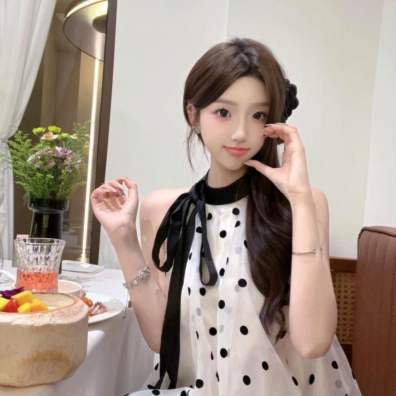 French small fragrant style temperament bow sleeveless polka dot dress female first love pure milk sweet A word short skirt Zixia