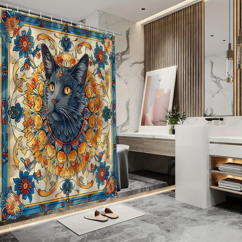 Boho Cat Floral Bath Curtain - Vibrant Artistic Design, Waterproof Home Decor Adds Exotic Charm And Beauty To Your Bathroom