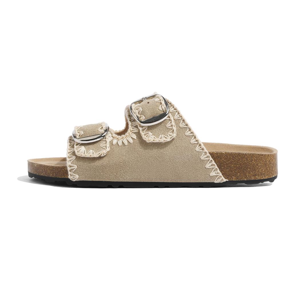 French Thick-soled Retro One-word Slippers Women's 2025 Summer New Double-buckle Sandals Outer Wear Breathable One-word Slippers
