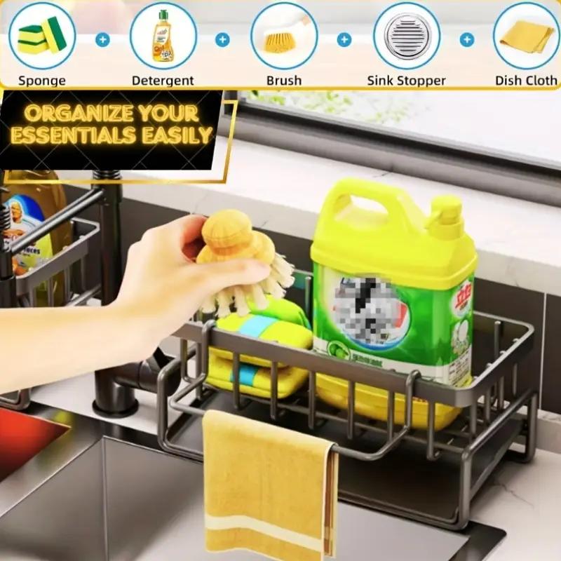 1 buc. Organizator elegant pentru chiuvetă de bucătărie cu raft de scurgere, suport pentru burete anticoroziv, bară pentru prosoape, raft de depozitare pentru organizarea băii și bucătăriei