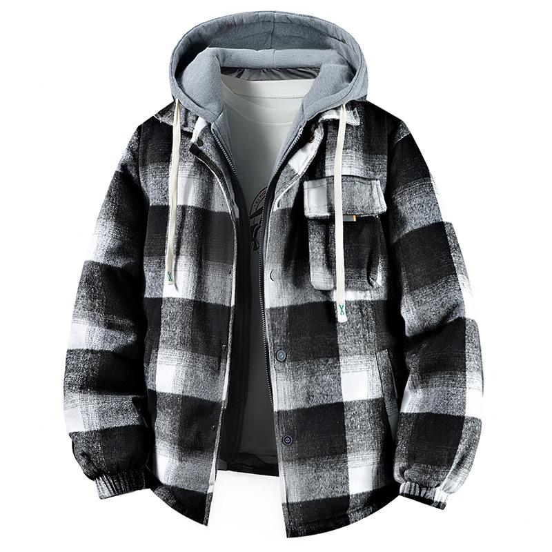 

Fake Two Piece Cotton Jacket, Men s Autumn and Winter Hooded Versatile Clothes, Thick Checkered Casual Cotton Jacket L