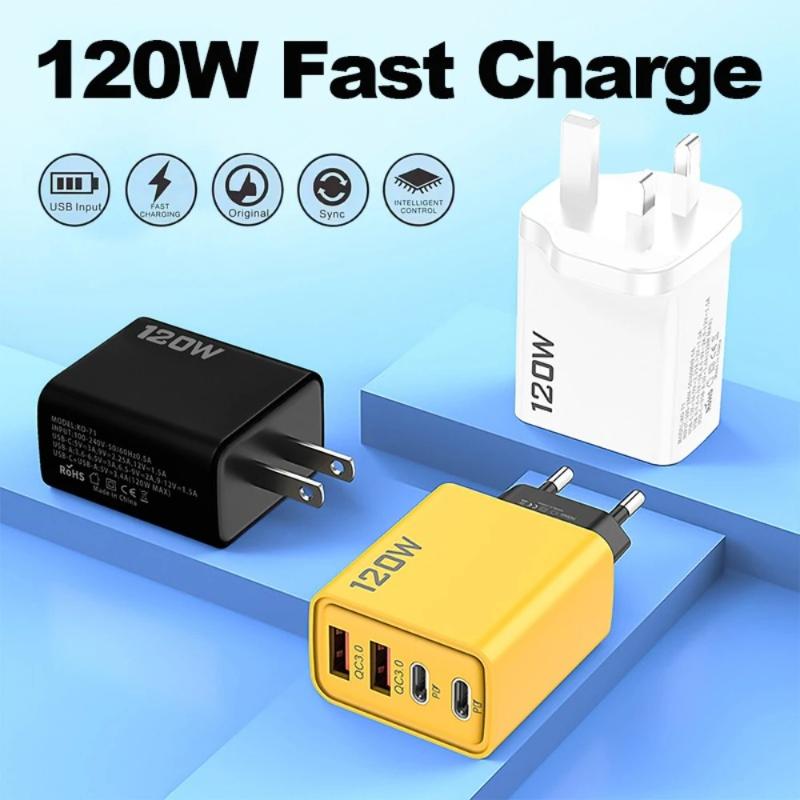 EU/US/UK120W fast charger with 2 USB ports and 2 Type-C ports,2-meter data charging cable,used for mobile phone,tablet,headphone