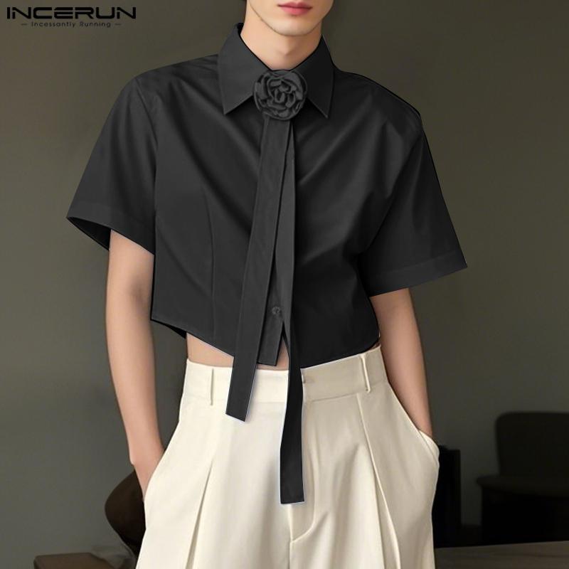 INCERUN Men Cropped Shirts Casual Loose Flower Tie Neck Short Tops