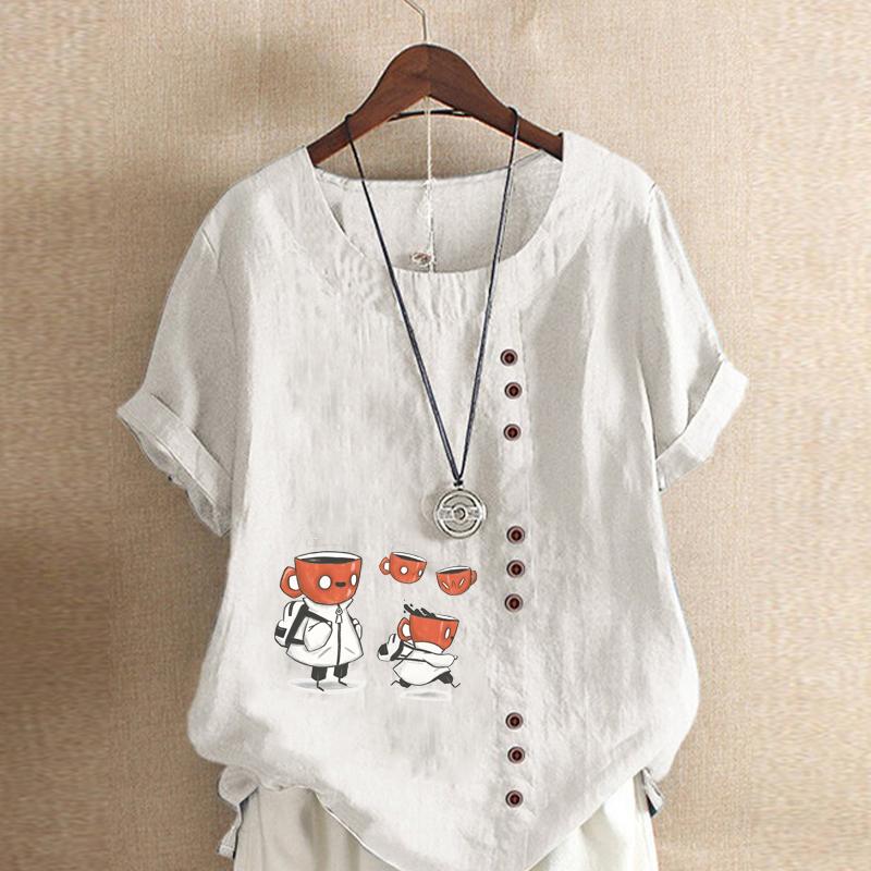 Women's New Fashion Linen Shirt Round Neck Short Sleeve Cupbearer Printed T-shirt Summer Ladies Casual Plus Size Blouse Tops