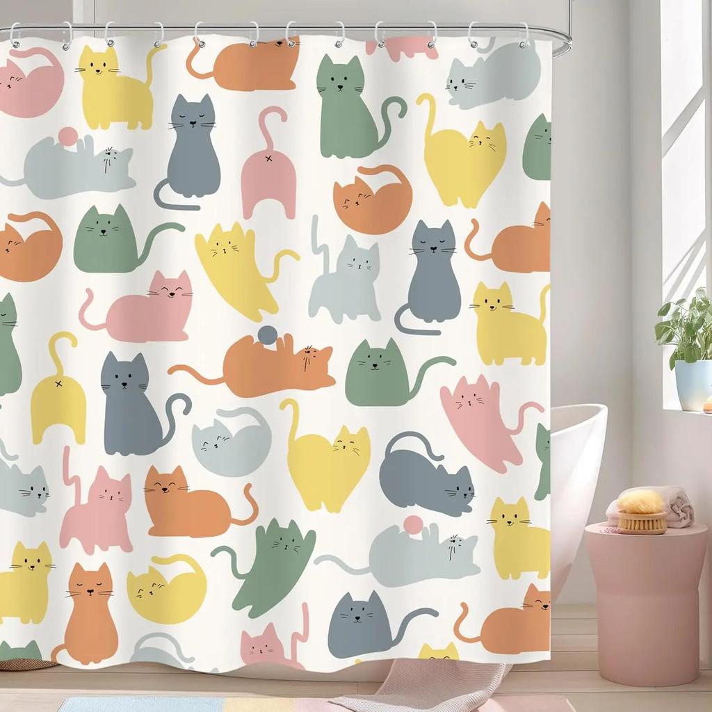 Japanese Cherry Cat Shower Curtain Black White Red Cute Animal Waterproof Polyester Bathroom Home Decorative Cover with Hook