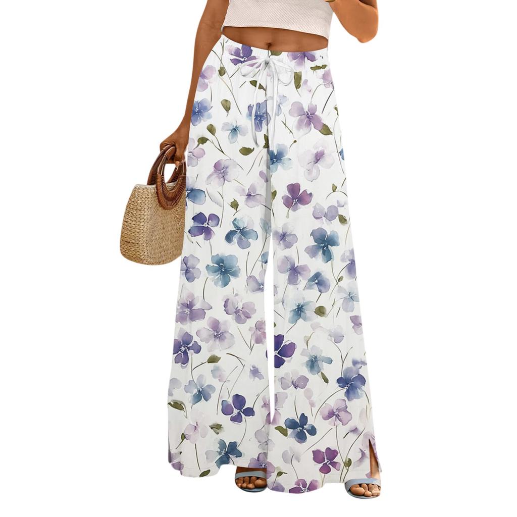Women's Casual Wide Leg Pants Stretch Belt Pocket Floral Print Adjustable Tie Pants