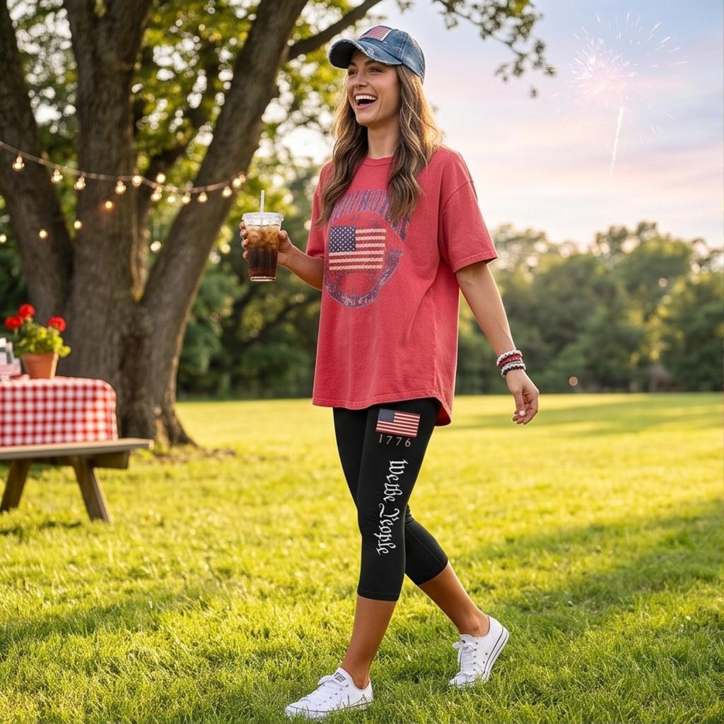 Women's Elastic Waist Capri Pants with Patriotic Heart Print Stretchy Fit Mid-Calf Length Casual Beach Bottoms
