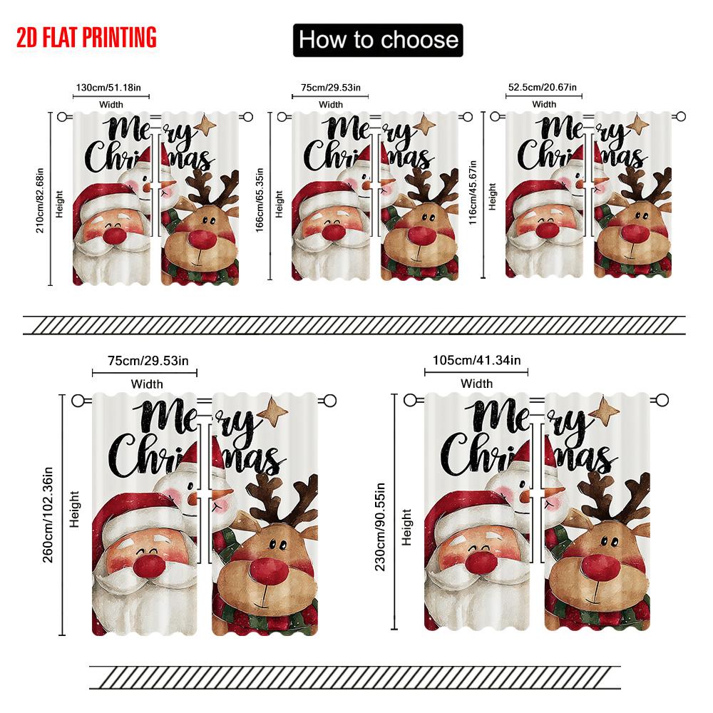 2pcs,2D Plane Printing Window Curtain Santa_ Snowman and Reindeer Polyester Fabric (without Rod) Room Decor Ldeal for Bedroom,