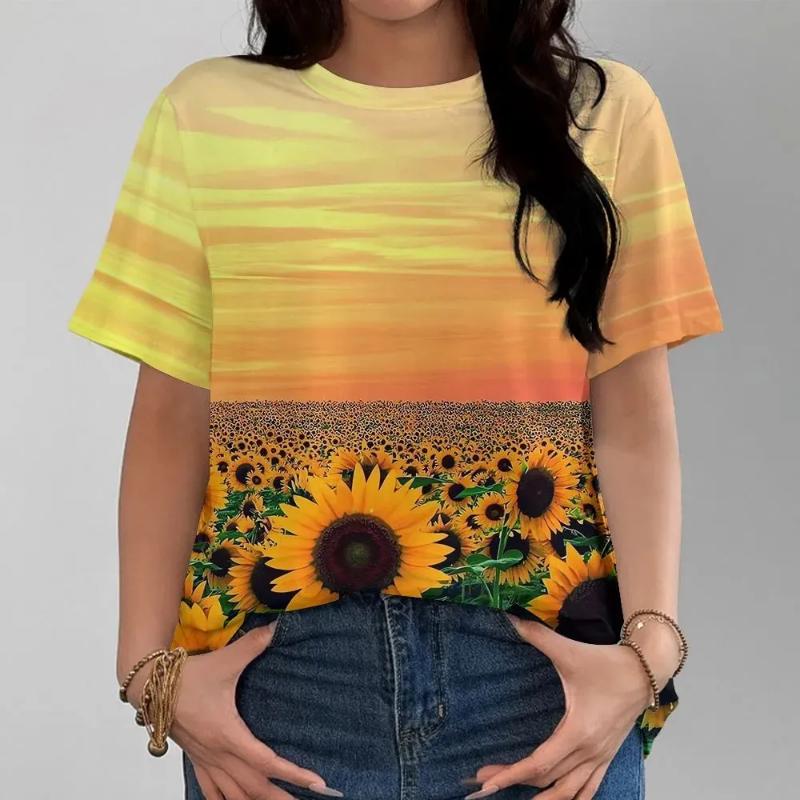 3D Flower Color Printed Crew Neck T-Shirt Flower Short Sleeve Fashion Women's Crew Neck Short Sleeve Tops Daily Wear