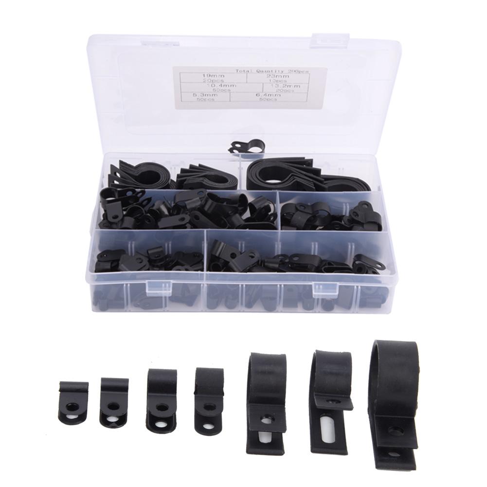 200pcs Plastic Nylon Cable Clamp R Type P Type Wire Clip Fasteners Assorted Box(Black )