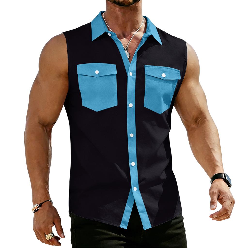 Men's Workwear Lapel Button-Down Vest Shirt - Lightweight Sleeveless Top