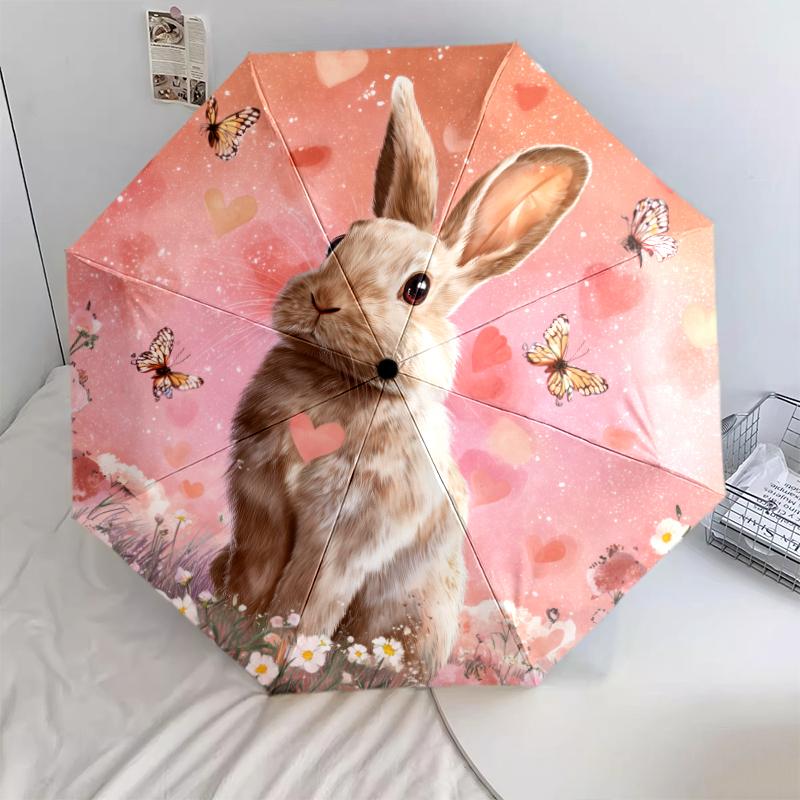 Rabbit and Flower pattern, automatic folding umbrella, portable and foldable design, 8 ribs, a Christmas or birthday gift.