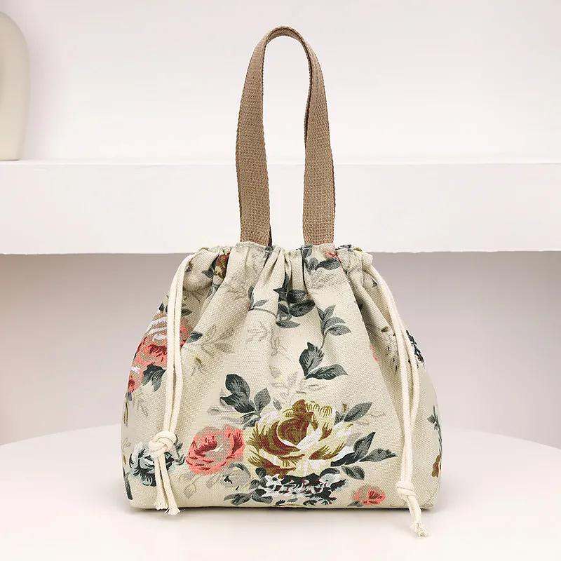 WTEMPO Fashion Printed Lightweight Handbags Women's Embroidered Drawstring Bento Bags Commuting Travel Lunch Box, Storage, Hand-held Cloth Bags