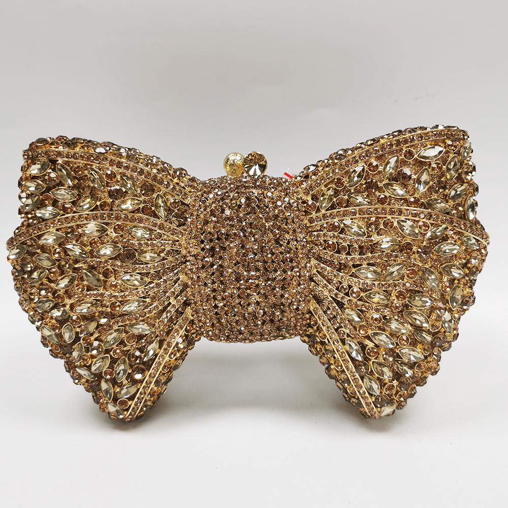 Green Bow Rhinestone Evening Bag Gold Hard Metal Crystal Wedding Handbags Bridal Party Cluches Diamond Women Cocktail Purses