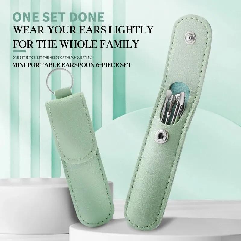 Earspoon Six-piece Ear-picking Tool Carbon Steel Ear-picking Spoon Leather Bag Ear-cleaning Spoon Easy to Carry at Home