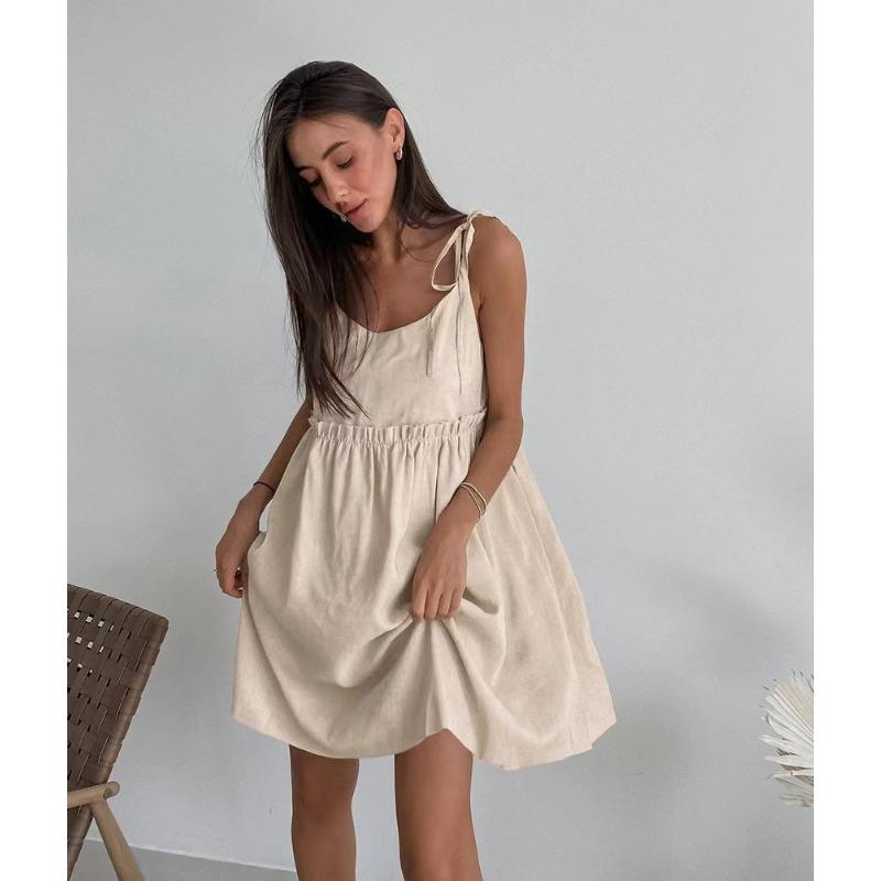 Ärmelloses Sommerkleid Locker A-Linie Mini Kurz Süße Mode Damen Spaghettiträger Partykleid Einfarbige Krawatte Rüsche Lässig Locker Falten Sommerkleid