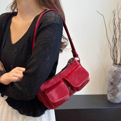 Retro Underarm Bag Double Pockets PU Leather Shopping Bag Fashion Solid Designer Armpit Bag Zipper Portable Ladies Chic Hobo Bag