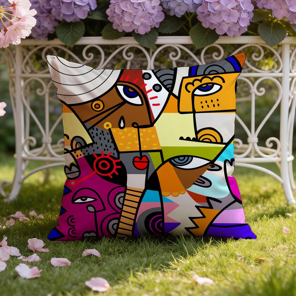 Colorful Abstract Faces Cushion Cover Home & Car Dual-Scene Pillow Cover: Reversible for Premium Comfort