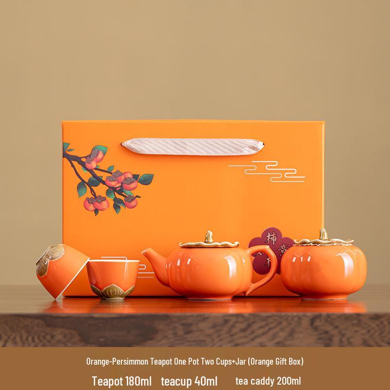 Persimmon Ruyi Ceramic Tea Set with Gift Box - Complete Ruyi Teapot Set