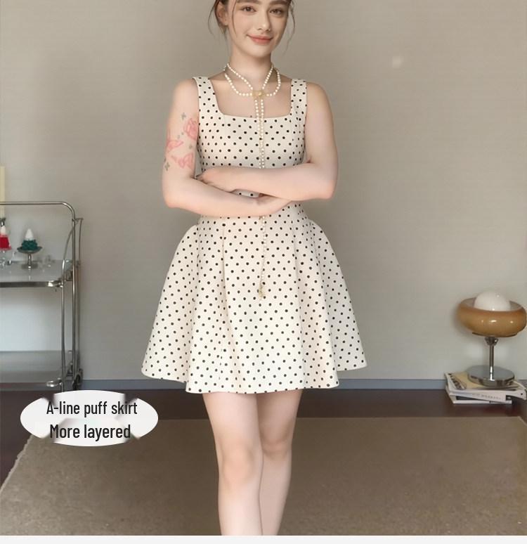 2026 New Style French Polka Dot Spaghetti Strap Dress for Women - Early Summer White Short Skirt
