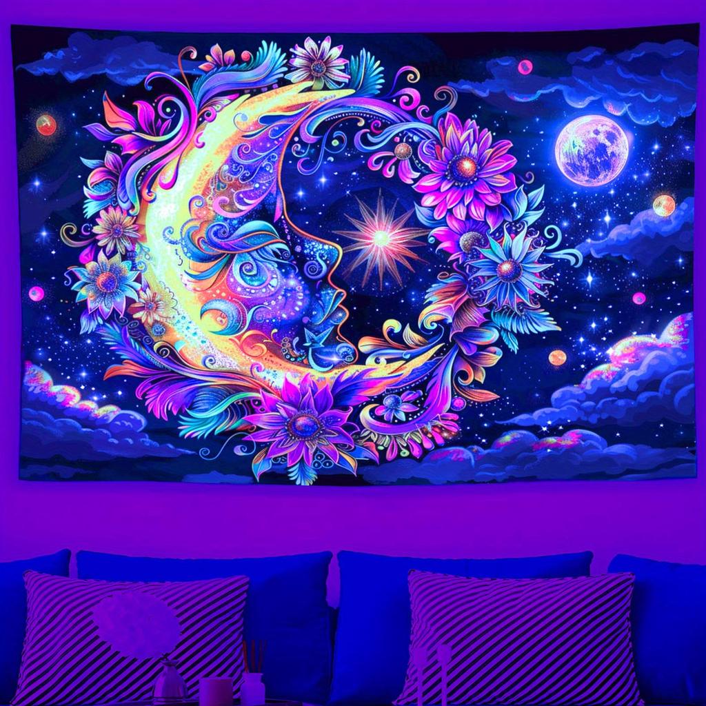VIKAMA Bohemian Moonlight Magic Tapestry Face, Moon, and Star Theme Bedroom Room Decor Bohemian Style Living Room