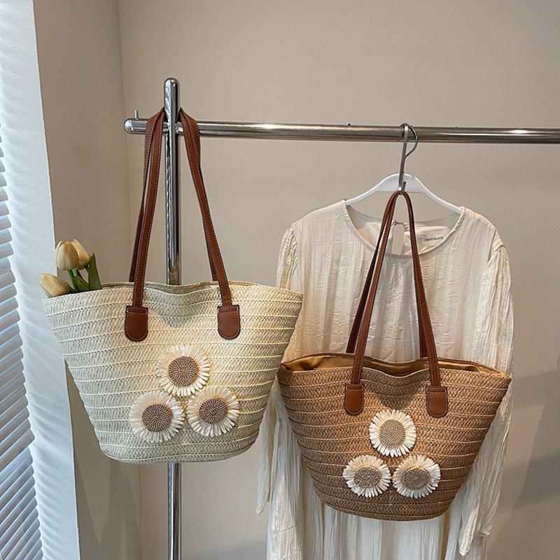 Yogodlns Damen Sommer Stroh Gewebt Große Kapazität Korb Schultertasche Handtaschen Mode Floral Dekor Luxus Designer Strand Bali Shopper Totes